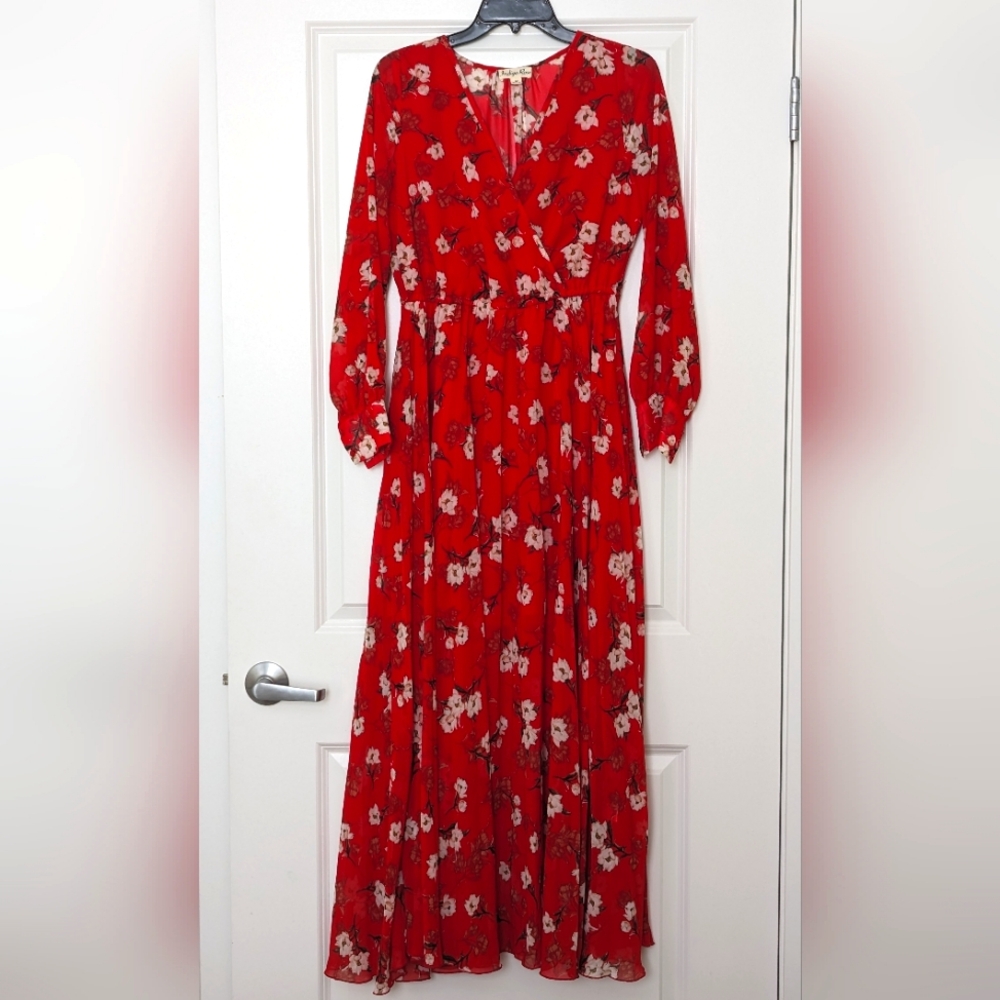 Indigo Rose Red Floral Cuff Sleeve Dress (M)